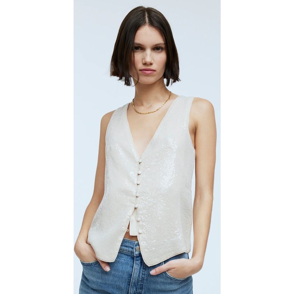 Madewell Cream Sequin Button-Front Vest